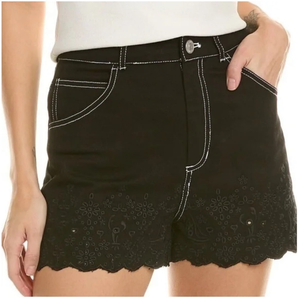 Staud Noemie Embroidered Scallop Nonstretch Denim Shorts In Black Sz 2